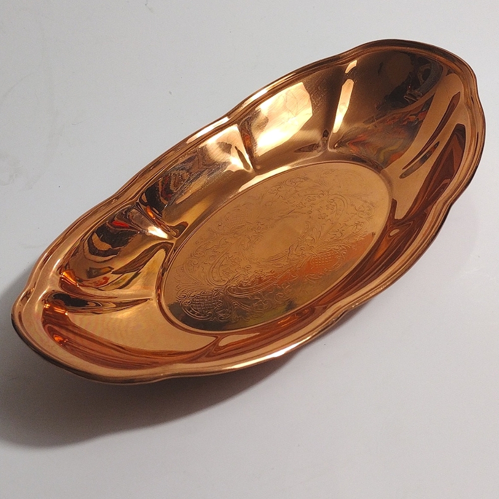 Vintage Copper Etched Tray Platter Bowl